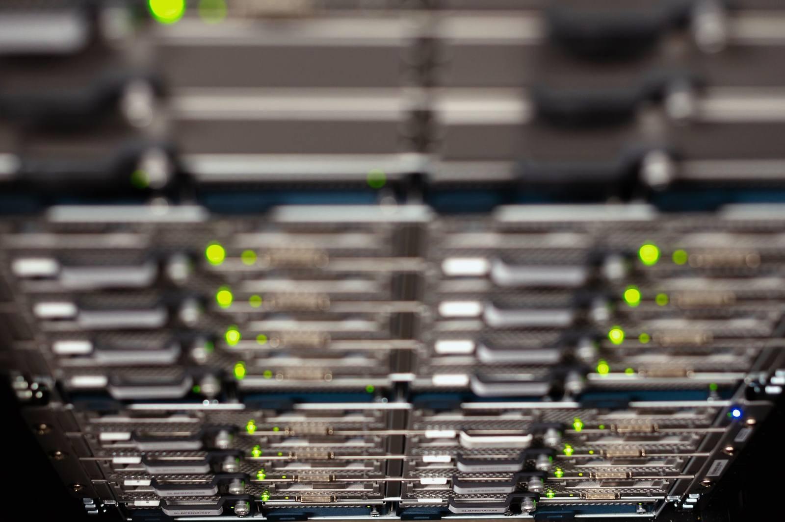 Close-up of a network switch with ethernet cables