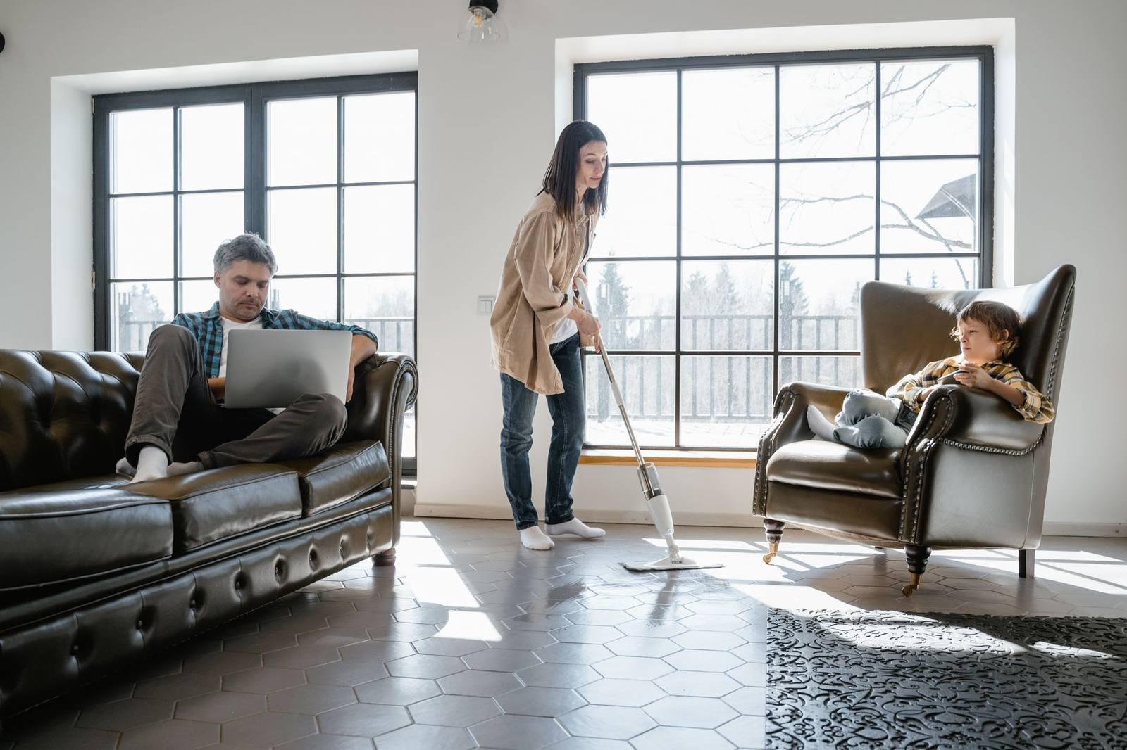 Family relaxing in a modern, comfortable living room